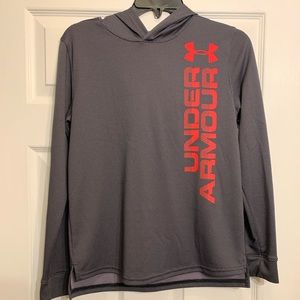 Under Armour Long Sleeve with Hood, youth large, black and grey with red logo